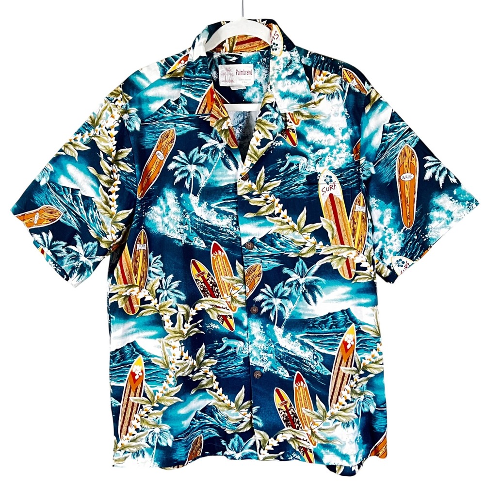 Palmbrand Hawaiian Shirt‎ Mens Large Blue Surfboard Wave Tropical Made in Hawaii